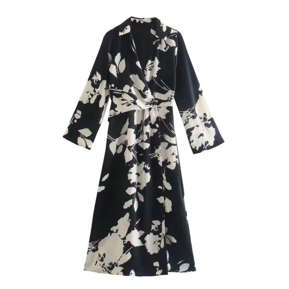 Womens Spring Long Sleeve Black and White Floral Print Dress